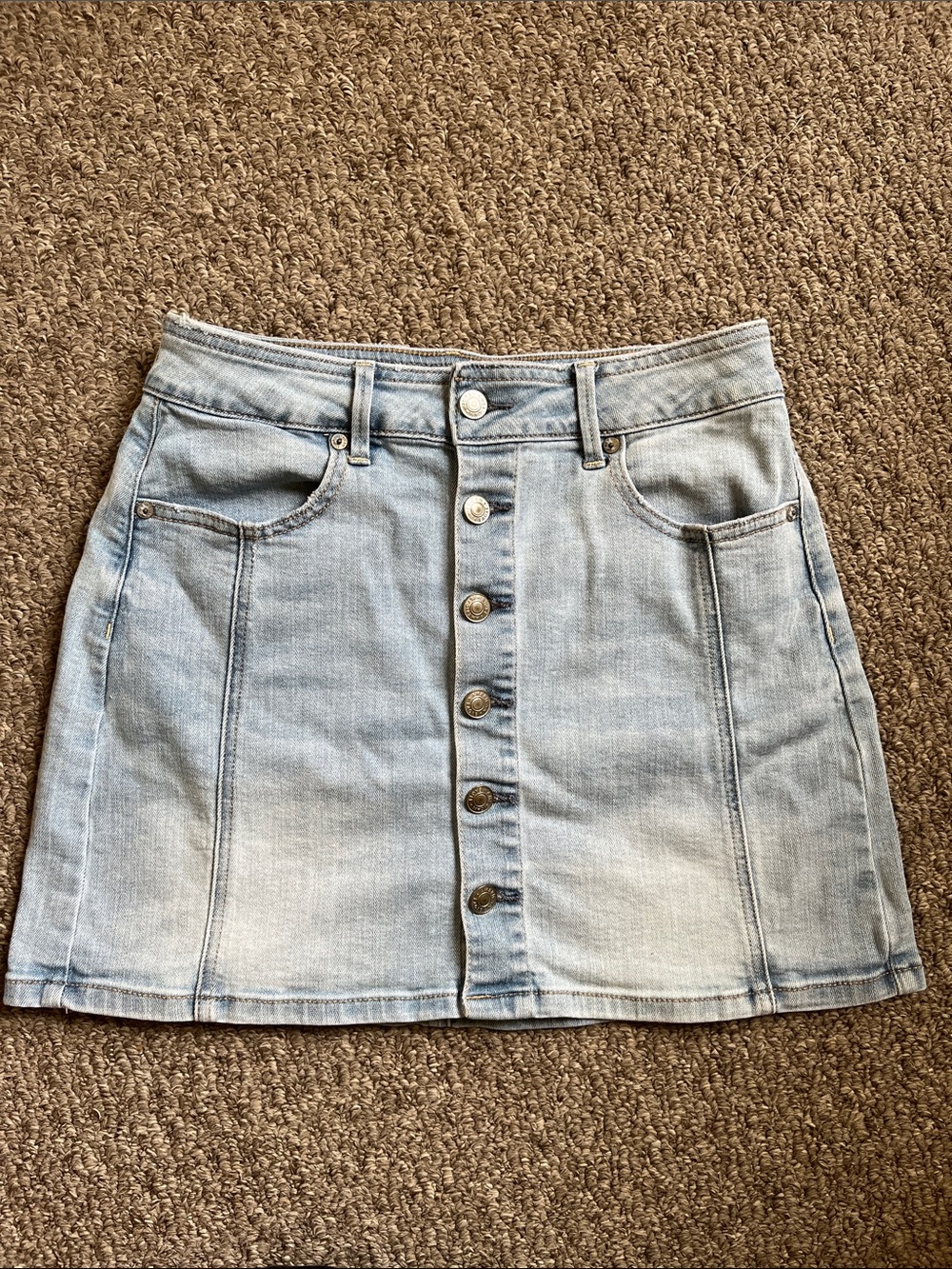 American Eagle Light Wash Denim Button-Front Mini Skirt